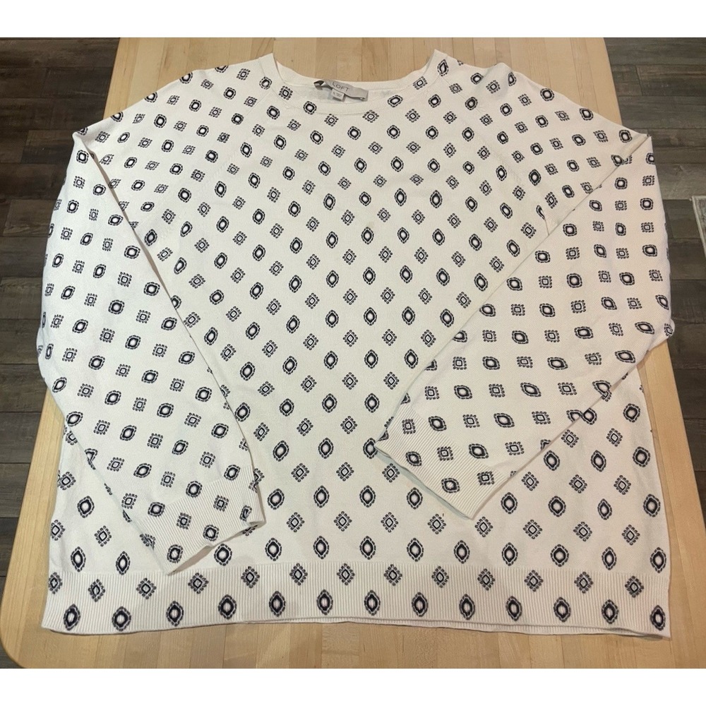 LOFT Cream Cotton Medallion Pattern Sweater XL Classic Crewneck Nautical Preppy